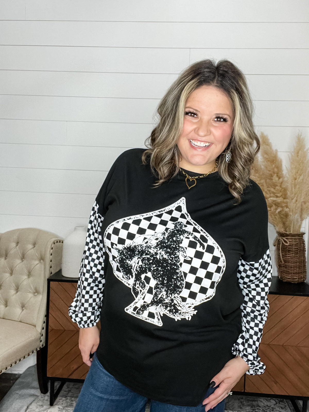 "Ride Em Cowboy" Checkered Long Sleeve