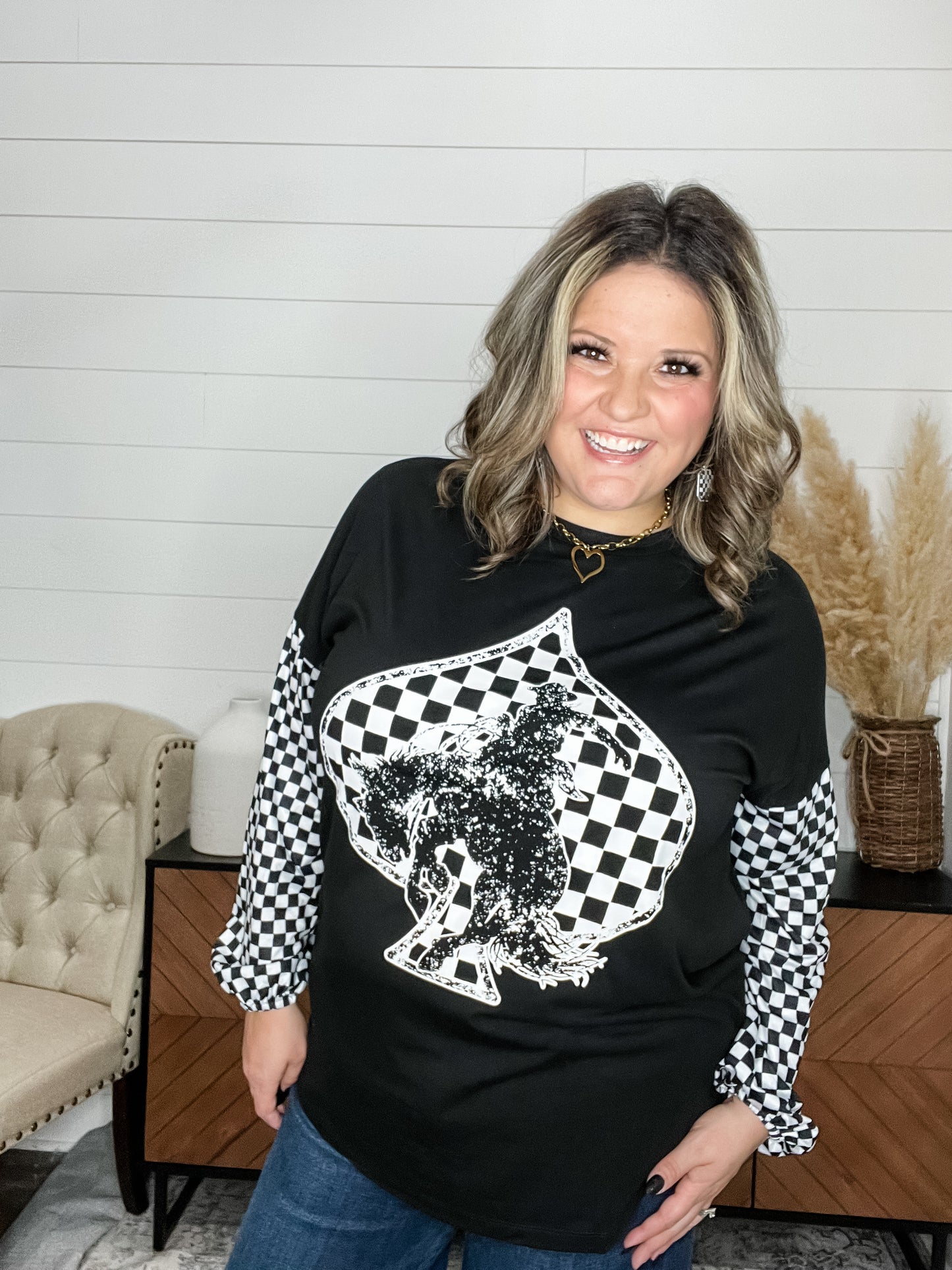 "Ride Em Cowboy" Checkered Long Sleeve