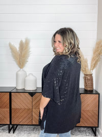 Dear Scarlett "Roosevelt" Short Sleeve Sparkle Cardigan with Double Ruffle Sleeve (Black)