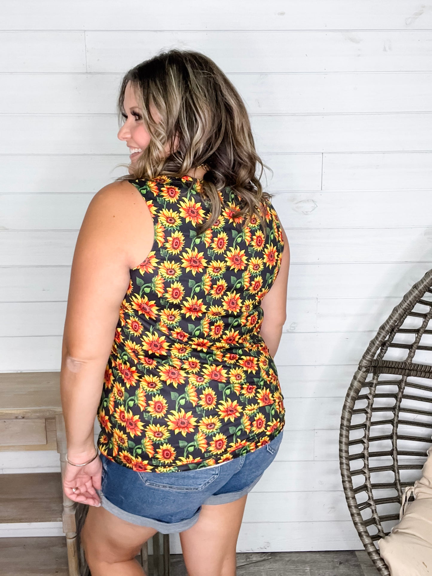 "I Am Happy" Sunflower Tank with Lace Detail