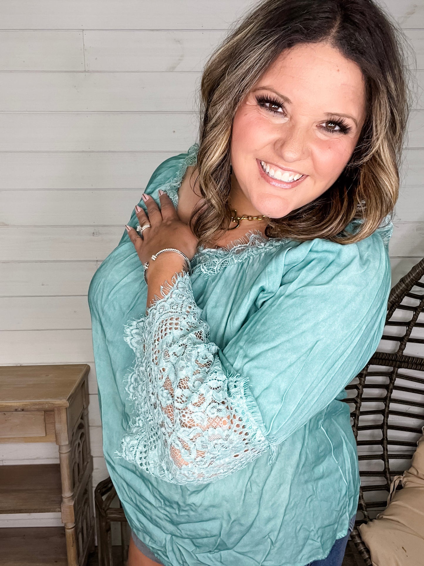 "Pool Party" Long Sleeve Off the Shoulder with Lace Detail