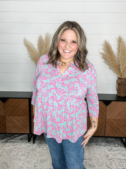 "Pompano" 3/4 Sleeve Babydoll Split Neck