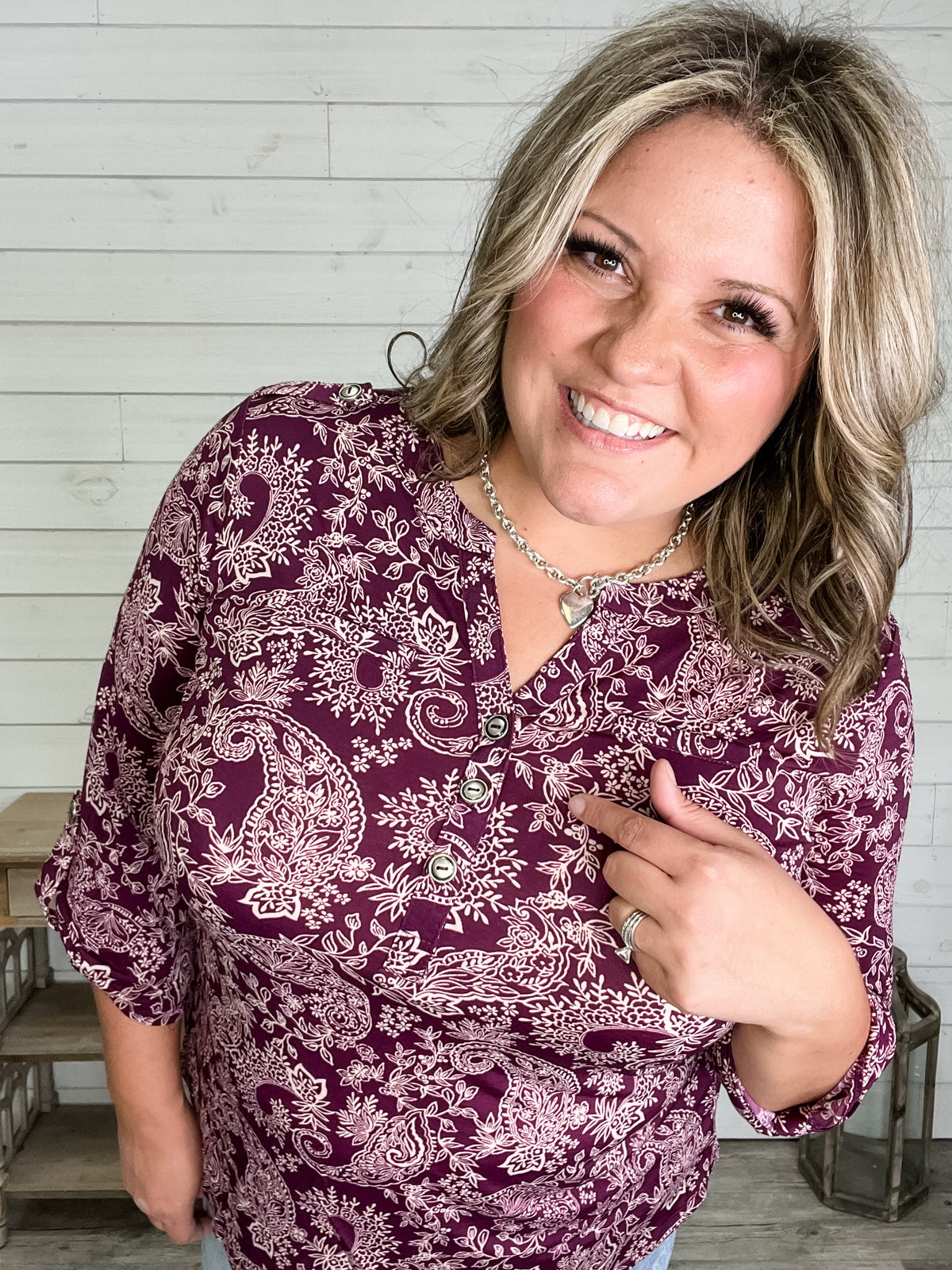 "Decagon" 3/4 Sleeve Button Front Lizzy Luxe