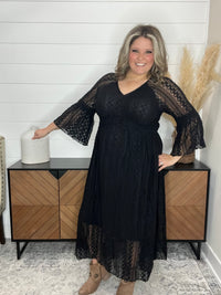 "Country In The Park" Long Sleeve V Neck Lace Dress (Black)