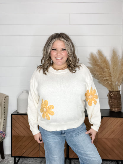 "Diego" Flower Accent Sweater with Jewel Embellishments