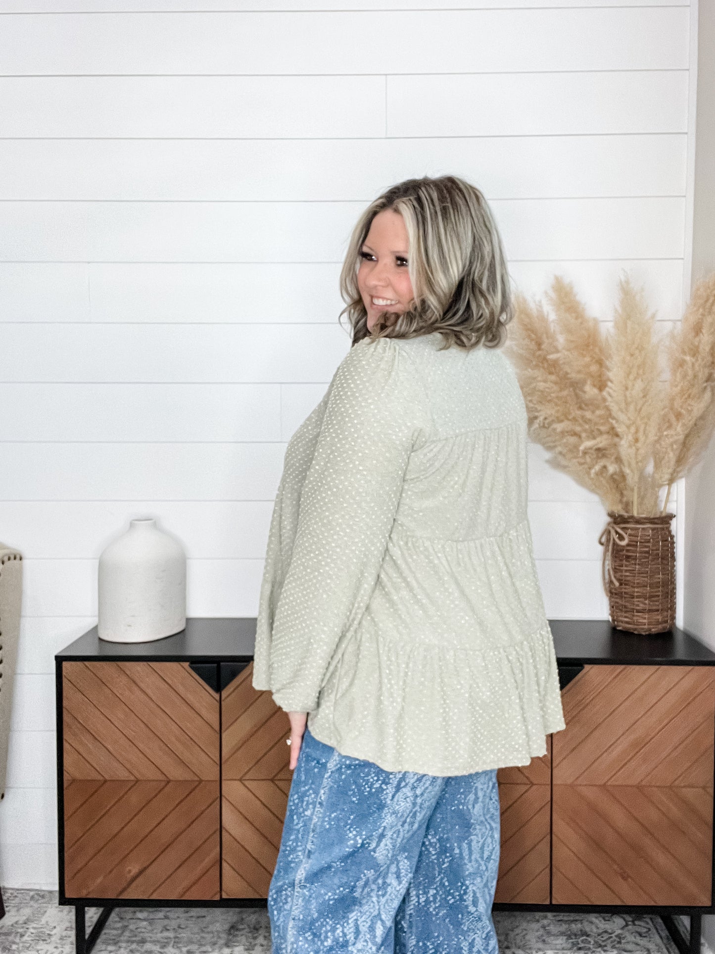 "Double Mint" Long SLeeve Swiss Dot Tiered Top