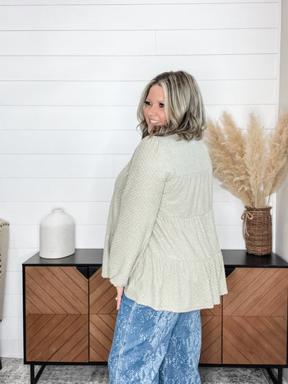 "Double Mint" Long SLeeve Swiss Dot Tiered Top