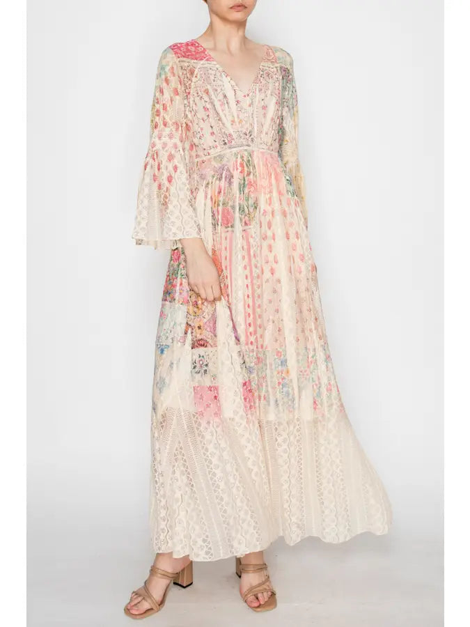 "Country In The Park" Long Sleeve V Neck Lace Dress (Patchwork)