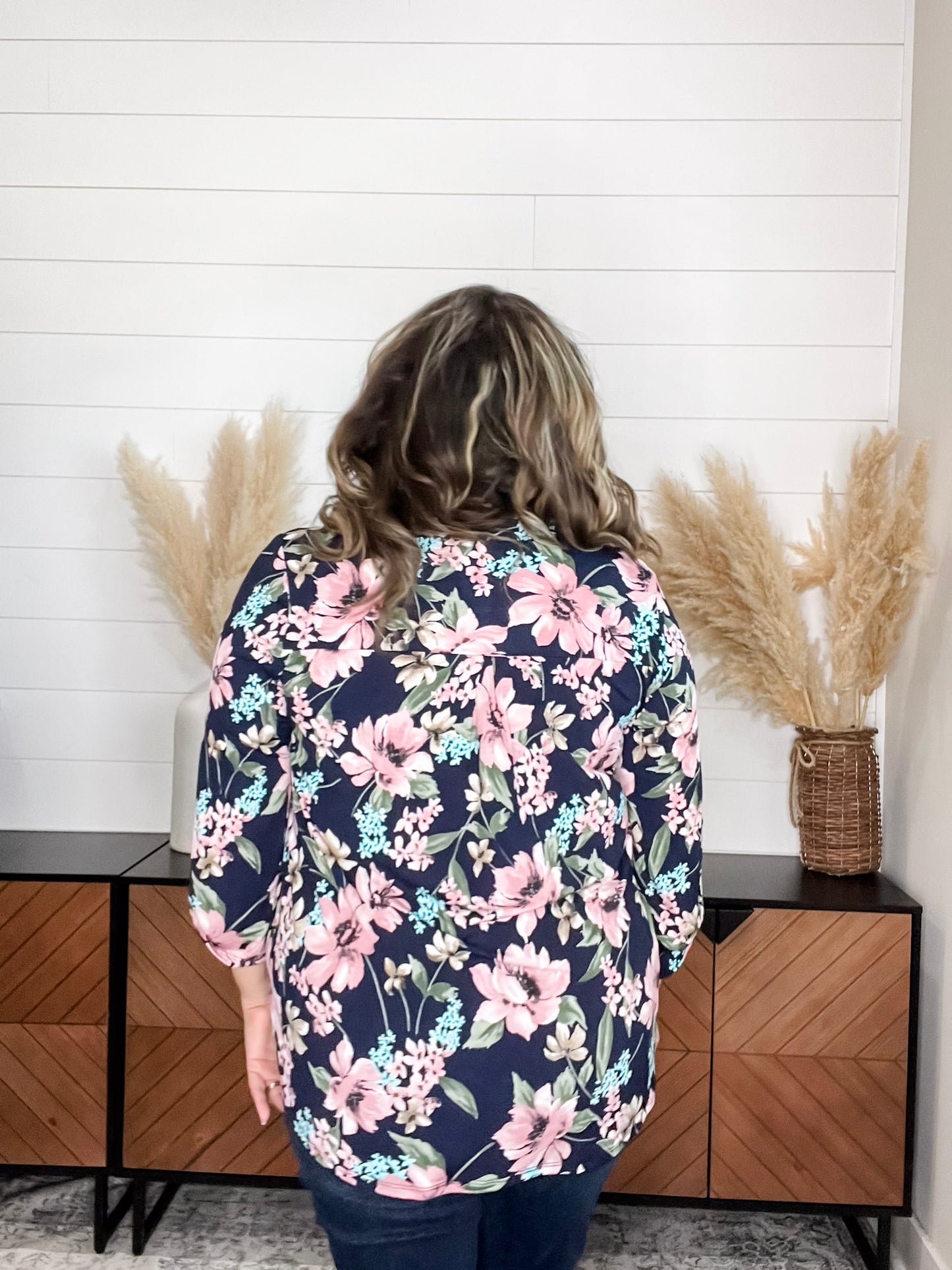 "It's Me Again" Floral Print Lizzy 3/4 Sleeve Split Neck