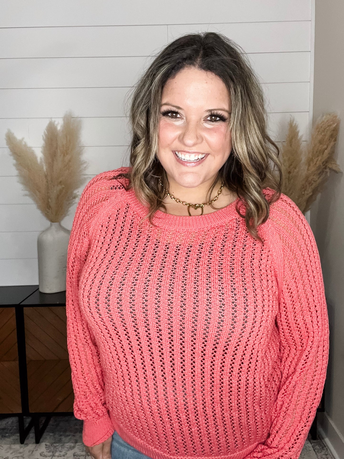 "Cut the Chill" Long Sleeve Lighweight Sweater (Coral Pink)