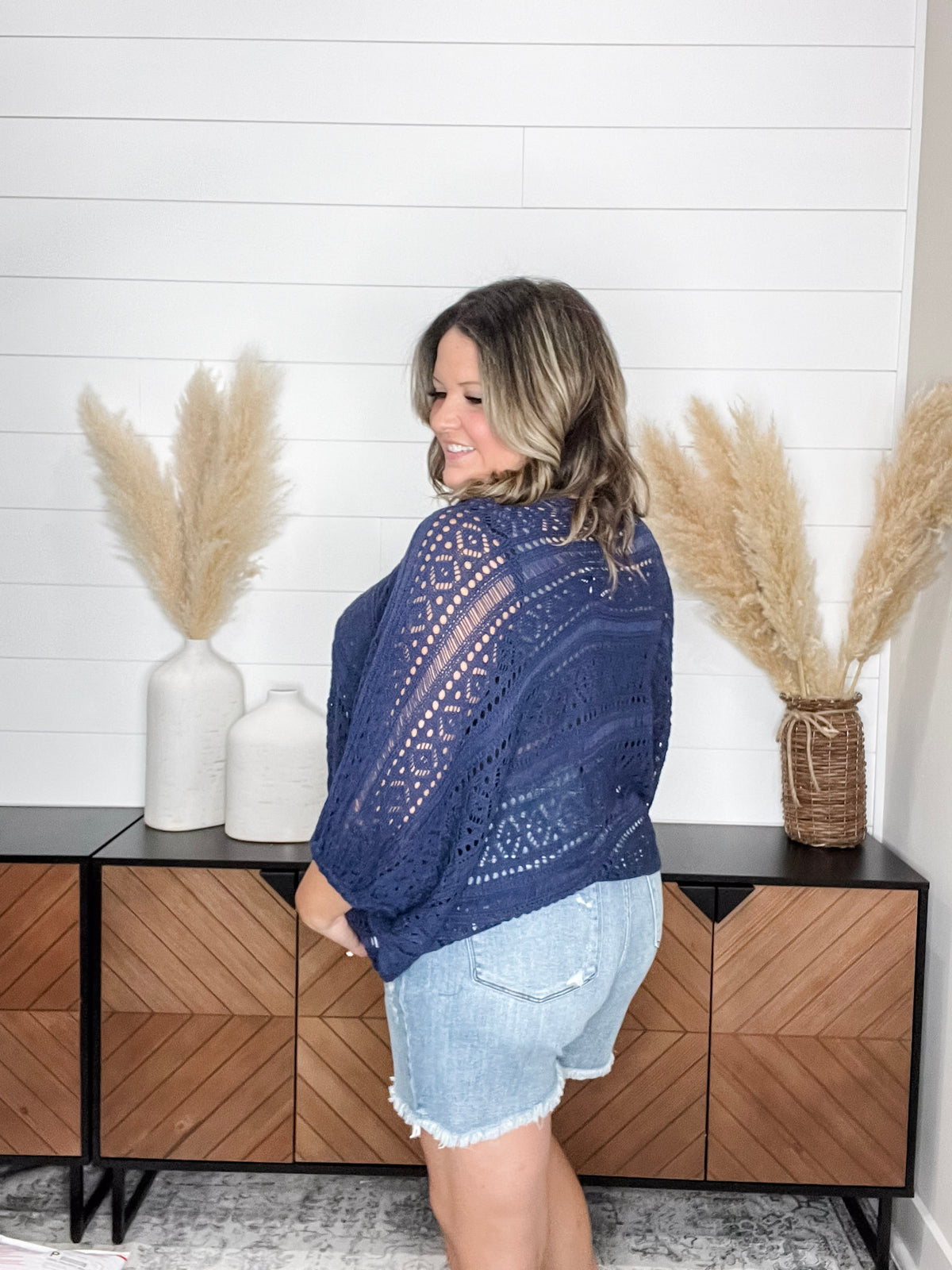 Open Knit Dolman Sleeve Cover Up (Navy)