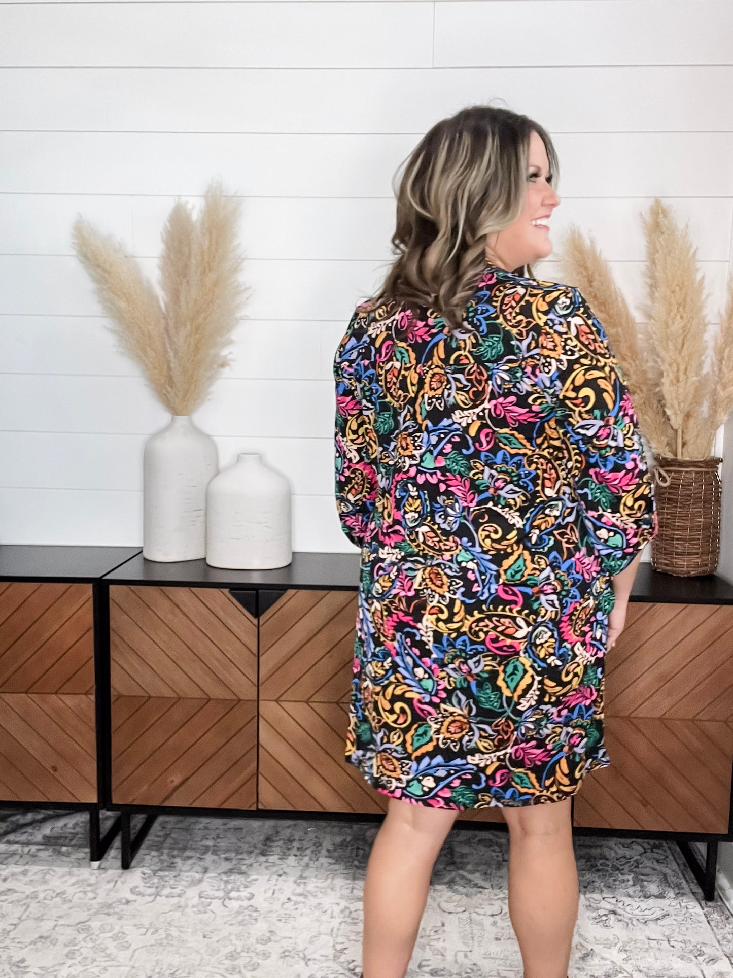 Dear Scarlett "Phosphorus" 3/4 Sleeve Split Neck Dress with Pockets