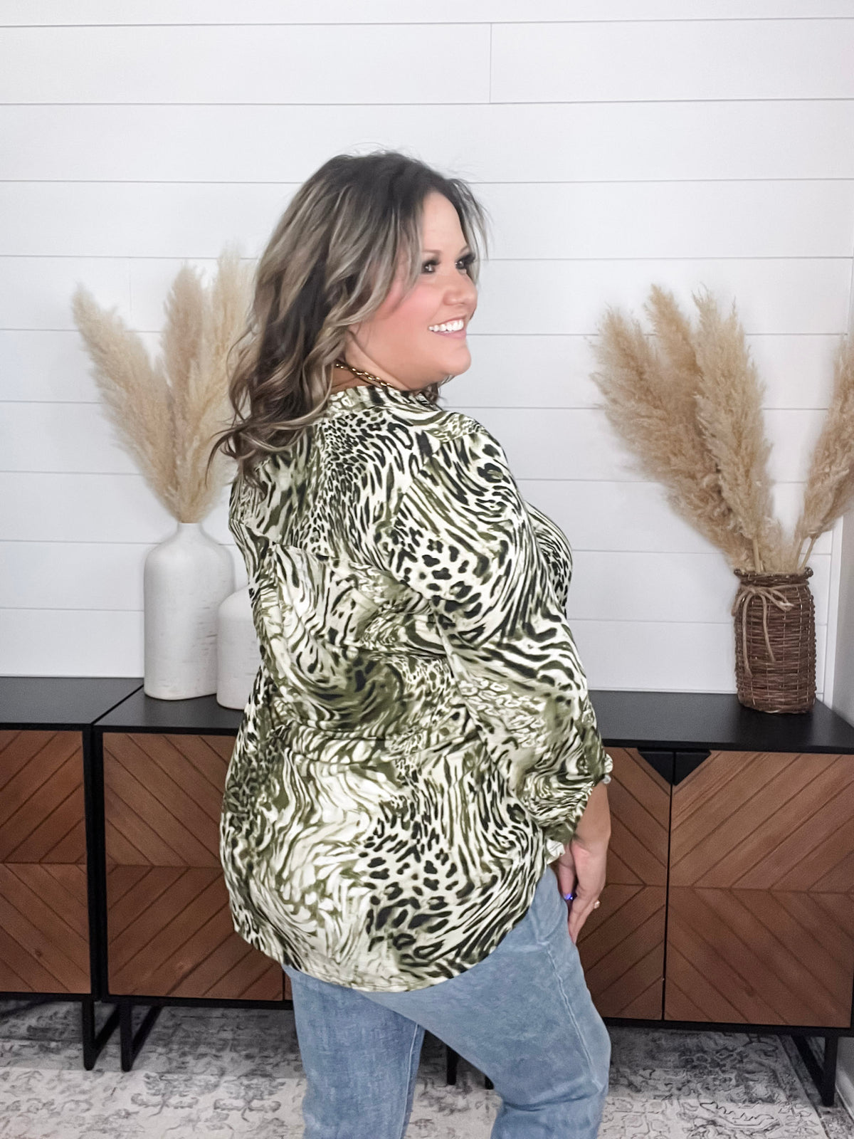 Dear Scarlett "Beliefs" Animal Print Lizzy 3/4 Sleeve Split Neck