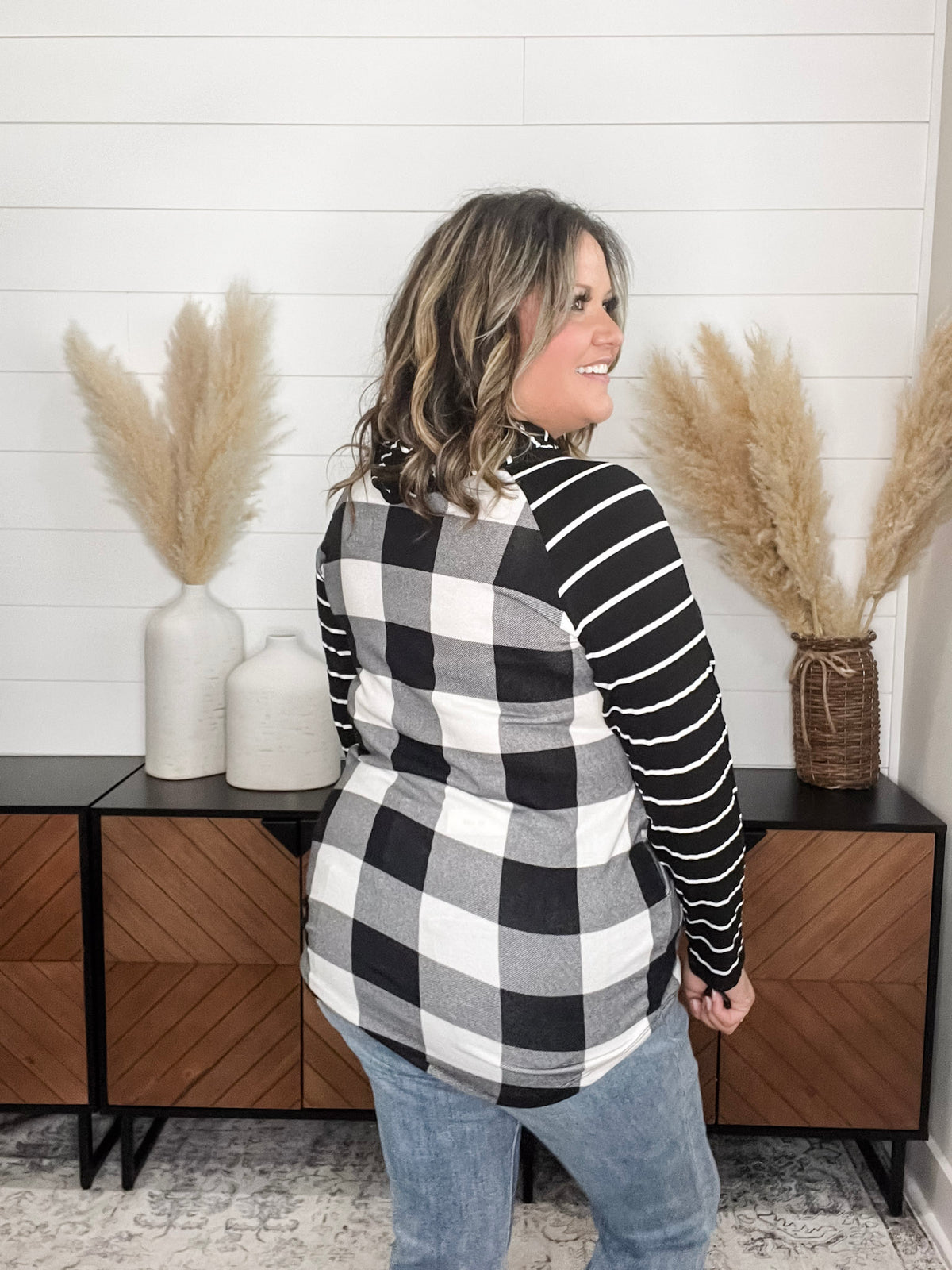 "Crystal" Light Weight Hoodie with Stripe Sleeve (Black & White Plaid)