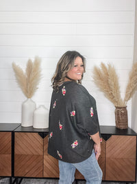 Dear Scarlett "Deceptive" Floral Embroidered Short Sleeve Dolman with Cuff and Collar (Black)