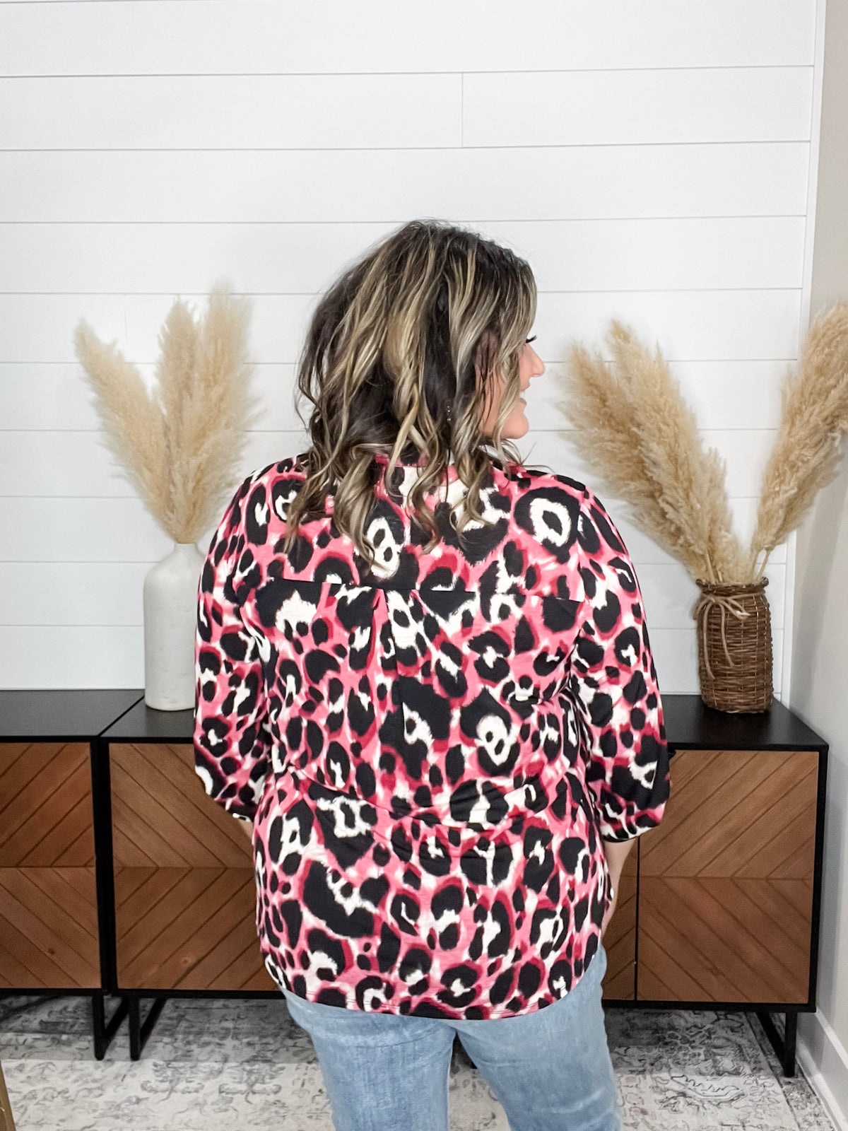 Dear Scarlett "Kiefer" Animal Print Lizzy 3/4 Sleeve Split Neck