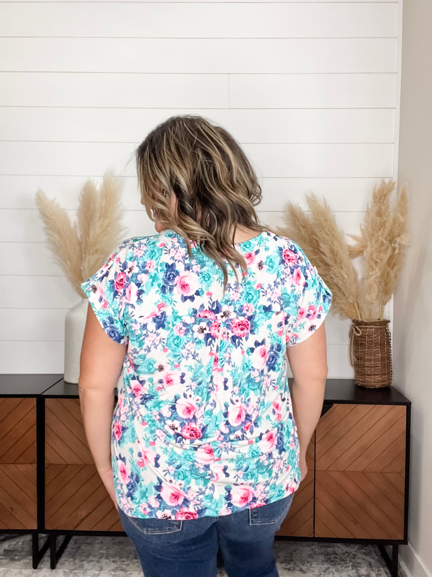 "Arrested" Split Neck Cuffed Short Sleeve