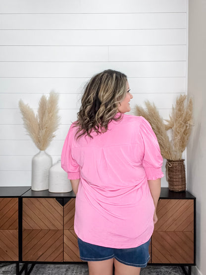 "Shocking" 3/4 Smocked Sleeve Split Neck (Pink)