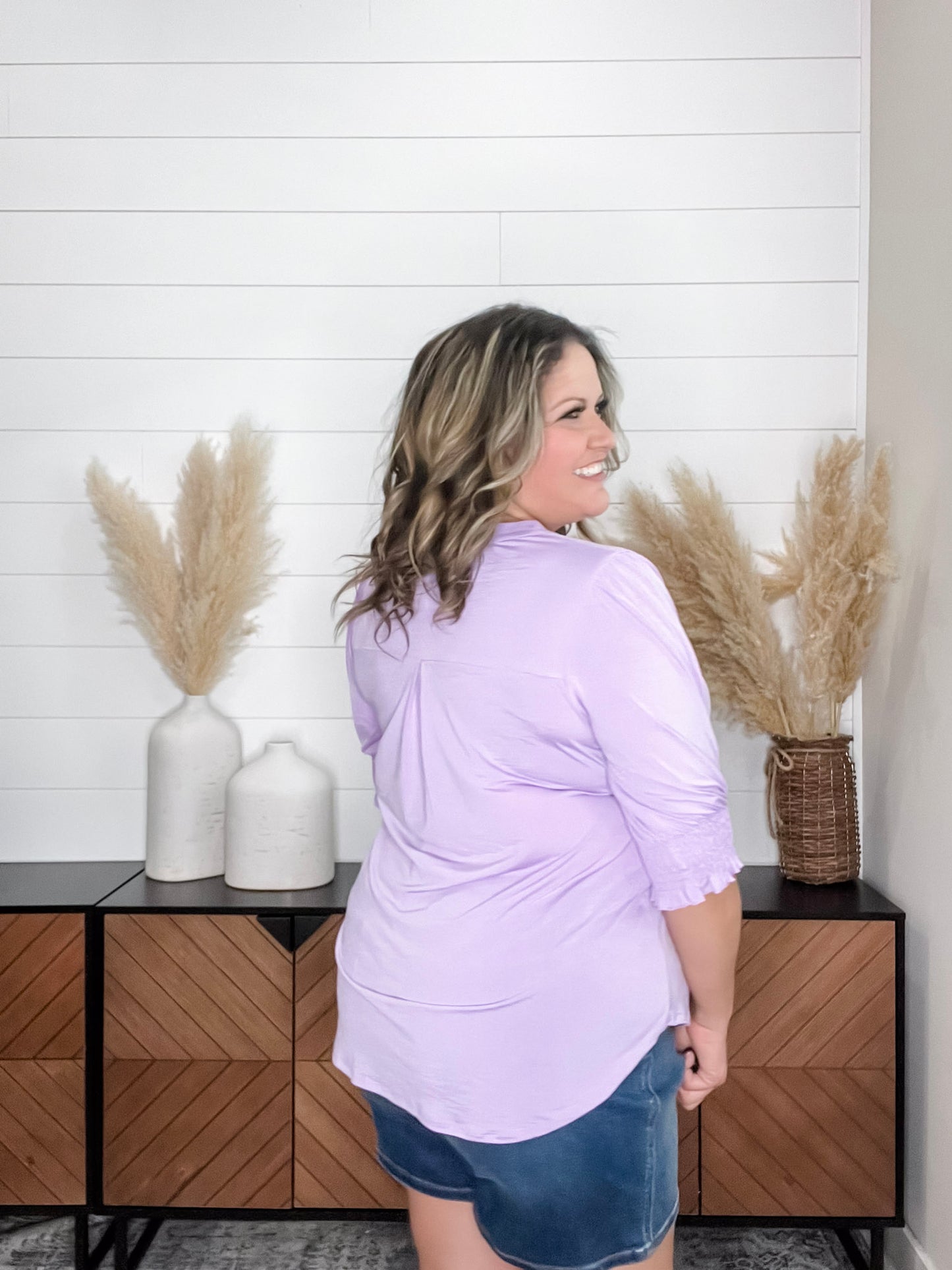 "Shocking" 3/4 Smocked Sleeve Split Neck (Lilac)