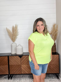 Dear Scarlett "Dare" Solid Split Neck Cuffed Short Sleeve (Neon Green)