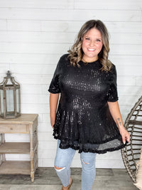 "Caught A Glimpse" Sequined Ruffle Hem and Sleeve (Black)