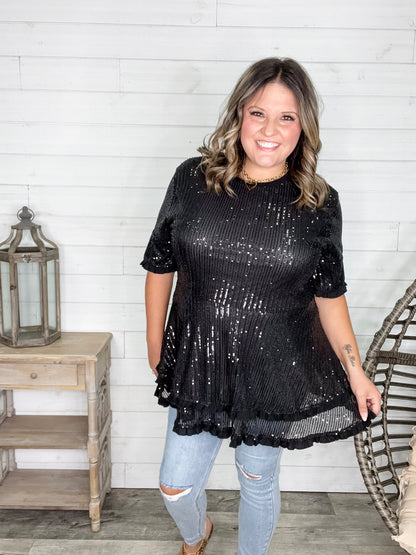 "Caught A Glimpse" Sequined Ruffle Hem and Sleeve (Black)