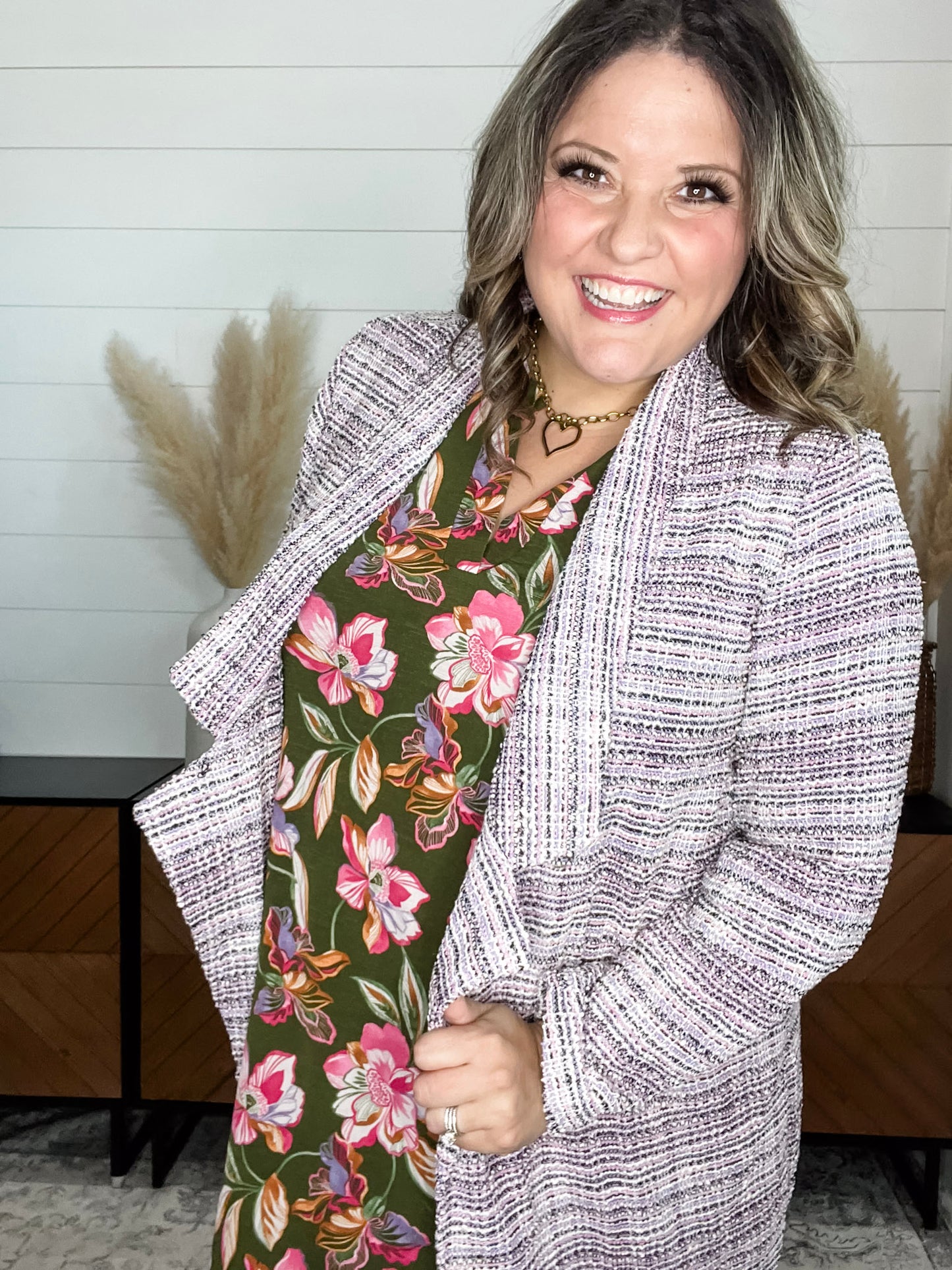 "Brixton" Tweed Open Front Blazer (Lavender/Ivory)