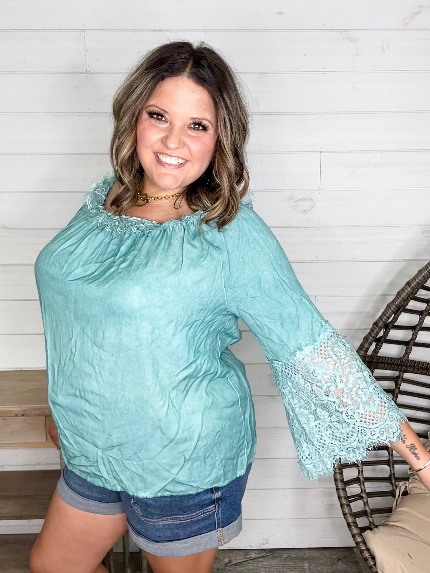"Pool Party" Long Sleeve Off the Shoulder with Lace Detail