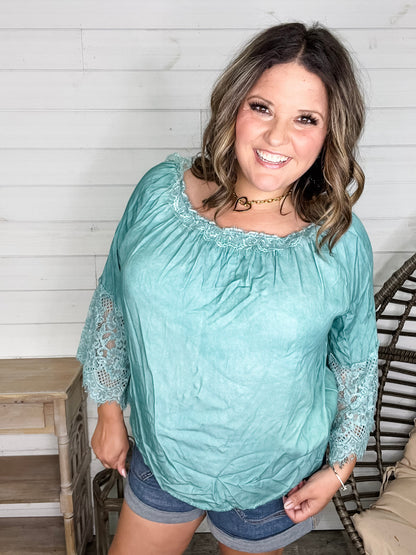 "Pool Party" Long Sleeve Off the Shoulder with Lace Detail