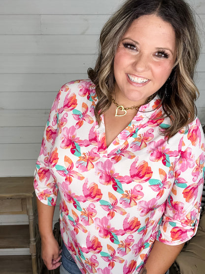"Blink Of An Eye" Floral  3/4 Sleeve Split Neck (Pink)
