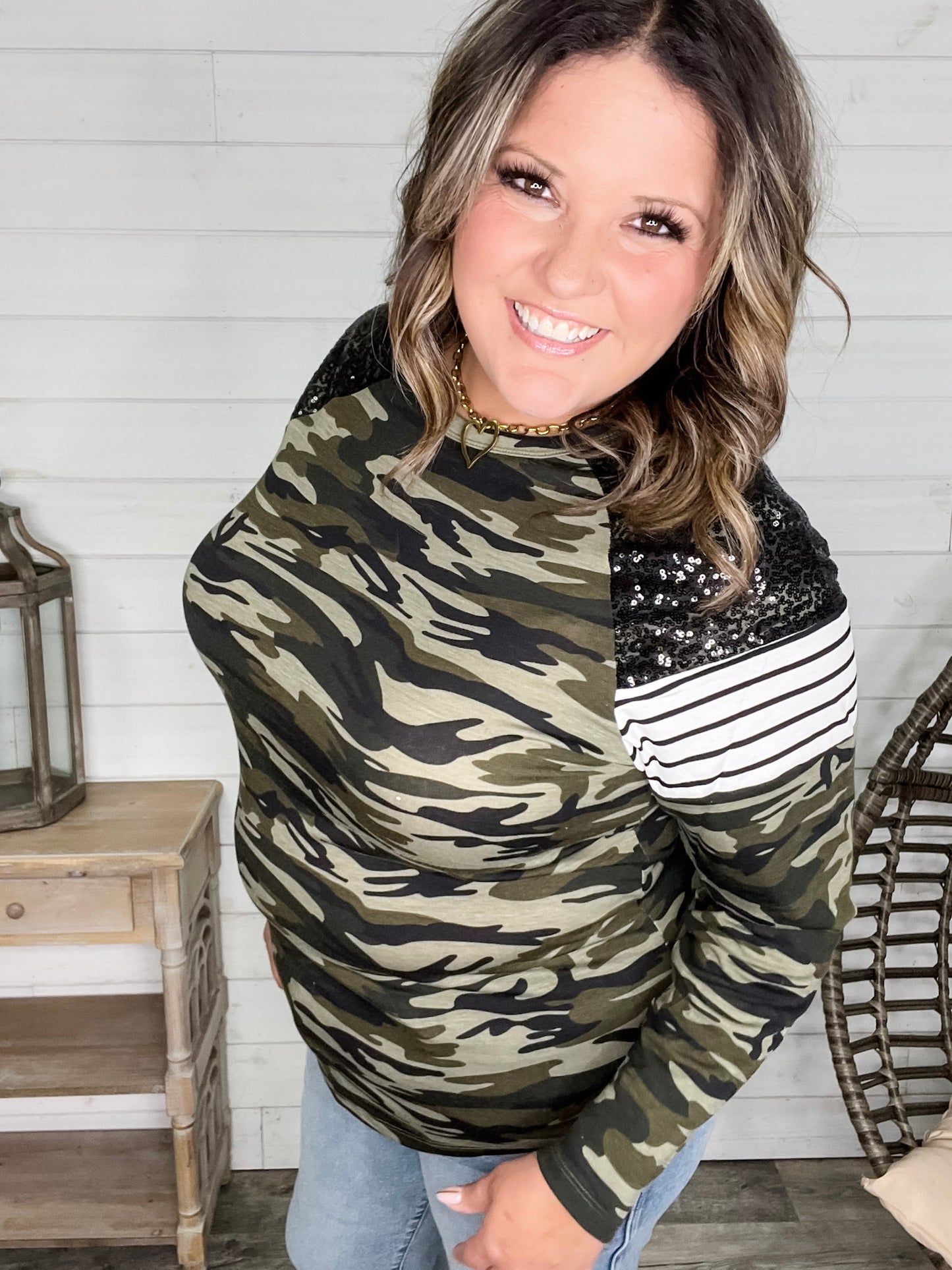 "Dare Me" Long Sleeve Camo and Sequin Accent