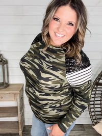 "Dare Me" Long Sleeve Camo and Sequin Accent