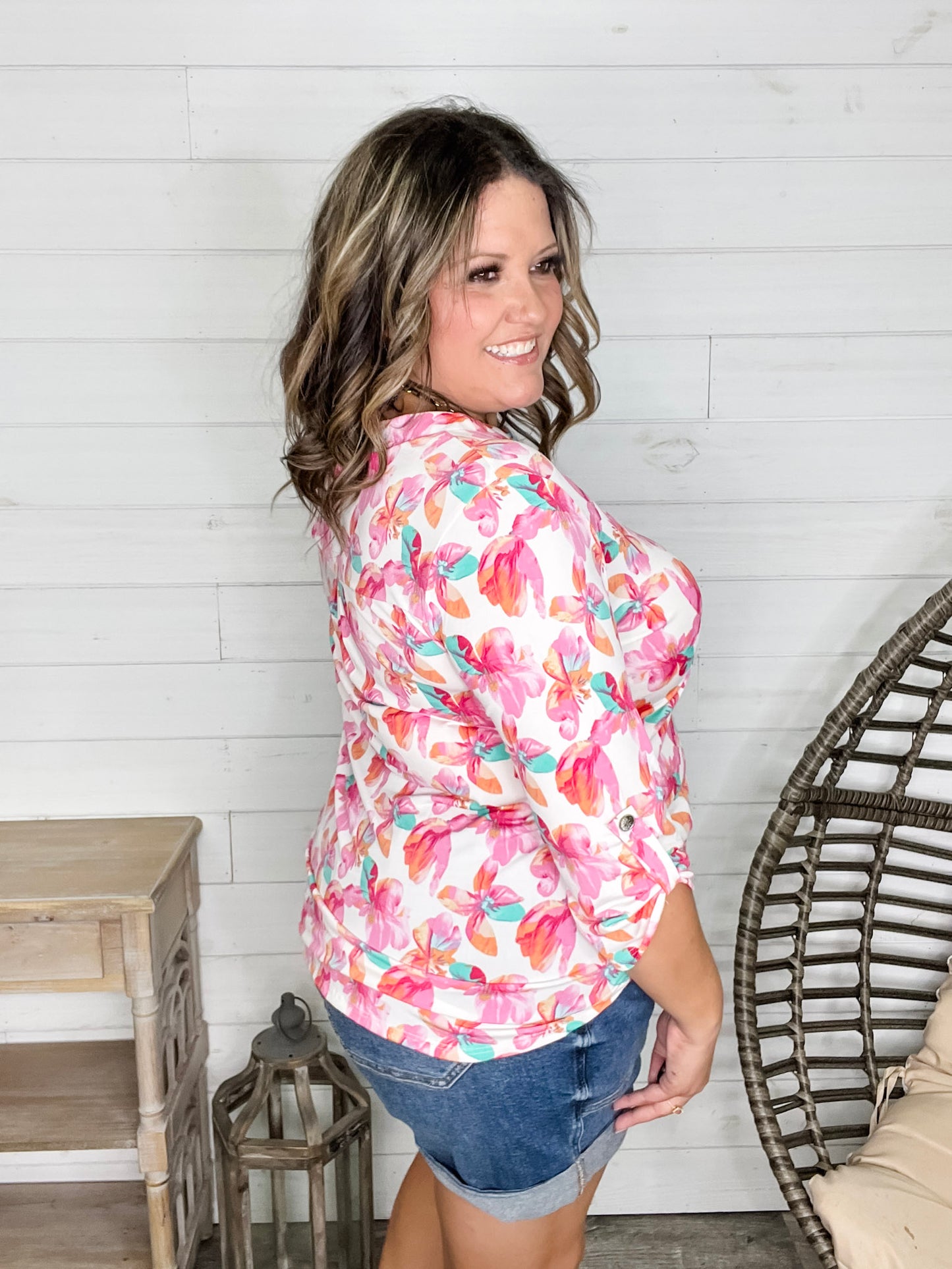 "Blink Of An Eye" Floral  3/4 Sleeve Split Neck (Pink)
