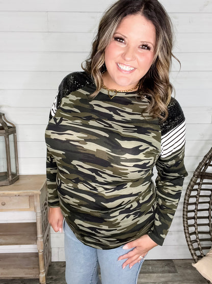 "Dare Me" Long Sleeve Camo and Sequin Accent