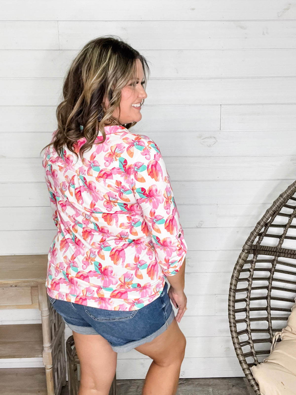 "Blink Of An Eye" Floral  3/4 Sleeve Split Neck (Pink)
