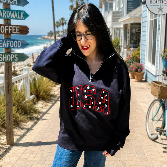 JOCOink USA Stars embroidered quarter zip, navy independent brand | Lola Monroe Boutique