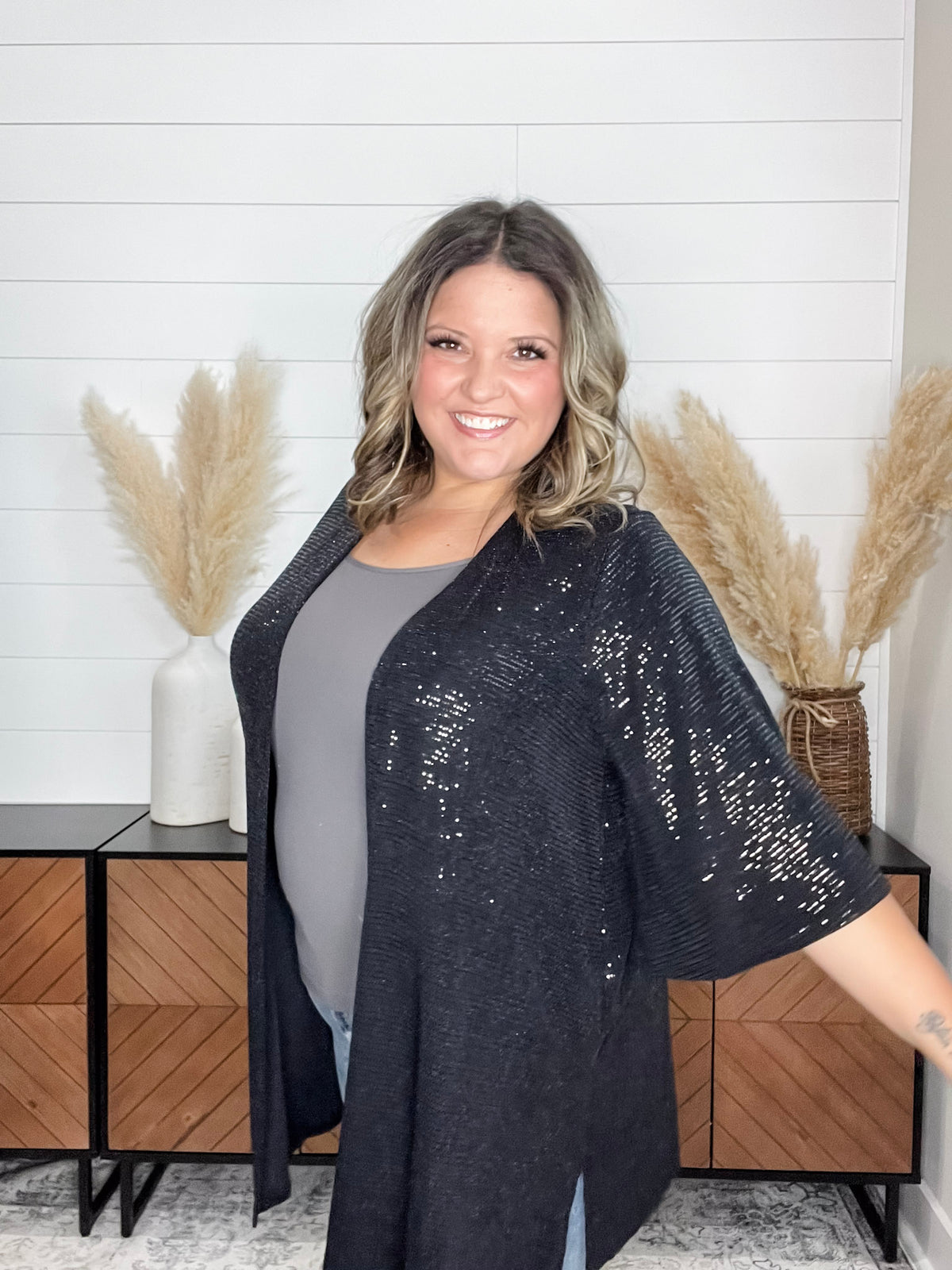 Dear Scarlett "Roosevelt" Short Sleeve Sparkle Cardigan with Double Ruffle Sleeve (Black)
