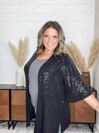 Dear Scarlett "Roosevelt" Short Sleeve Sparkle Cardigan with Double Ruffle Sleeve (Black)