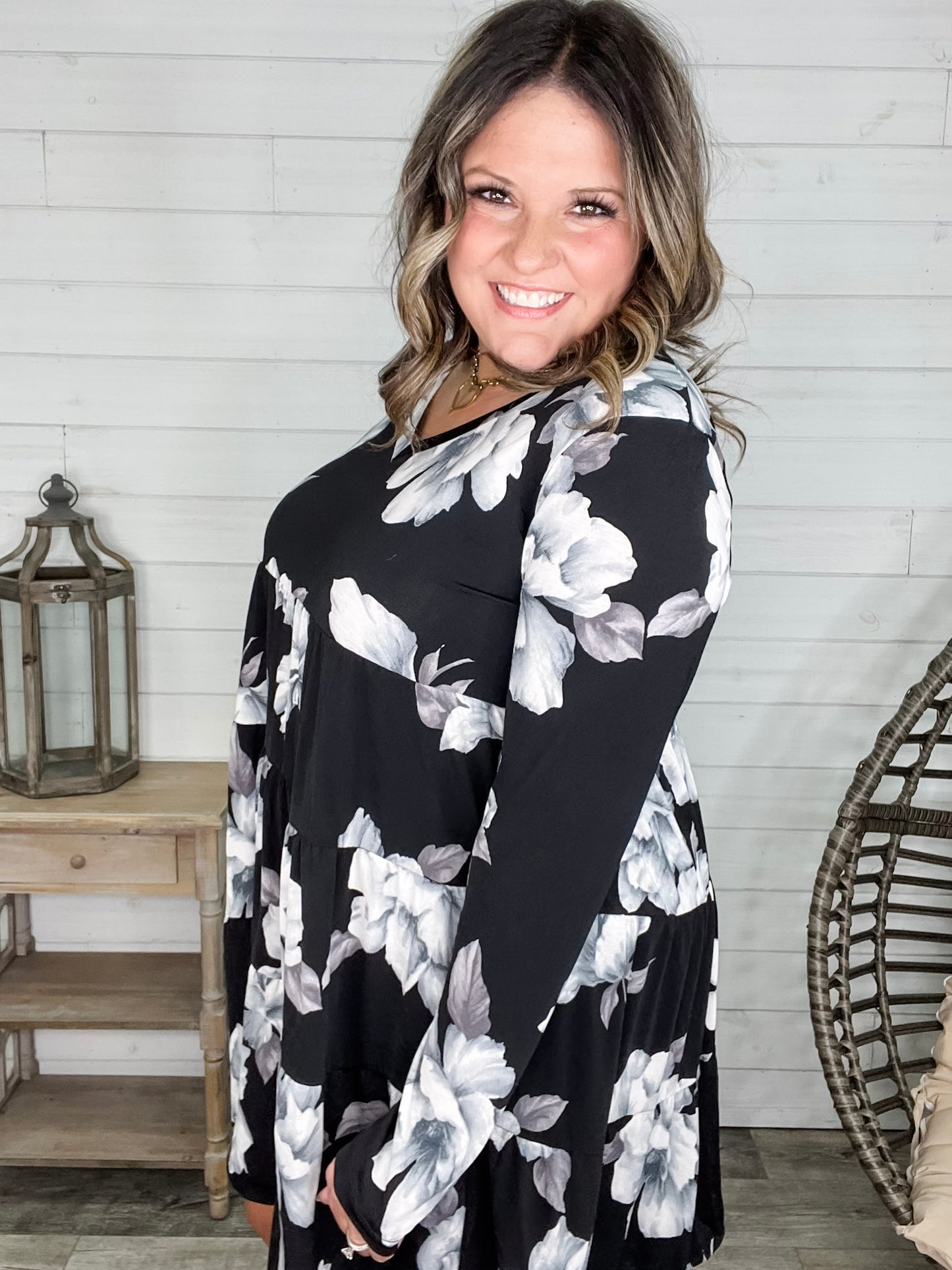 "Underground" Floral Long Sleeve Tiered Dress