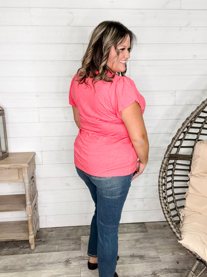 "Just The Beginning Chapter Two" Solid Tulip Sleeve V Neck (Coral)