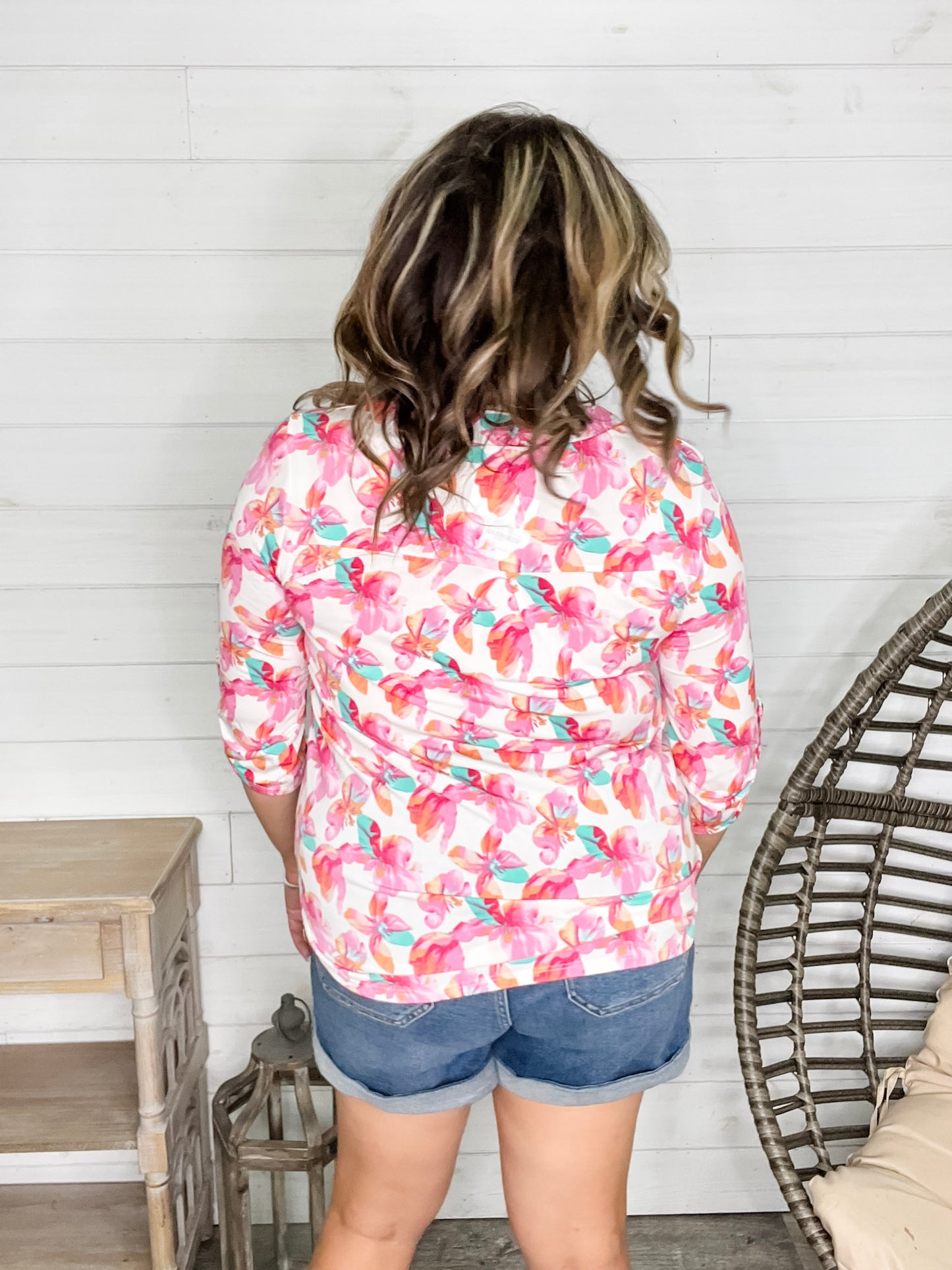 "Blink Of An Eye" Floral  3/4 Sleeve Split Neck (Pink)