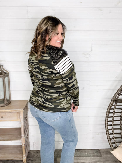 "Dare Me" Long Sleeve Camo and Sequin Accent