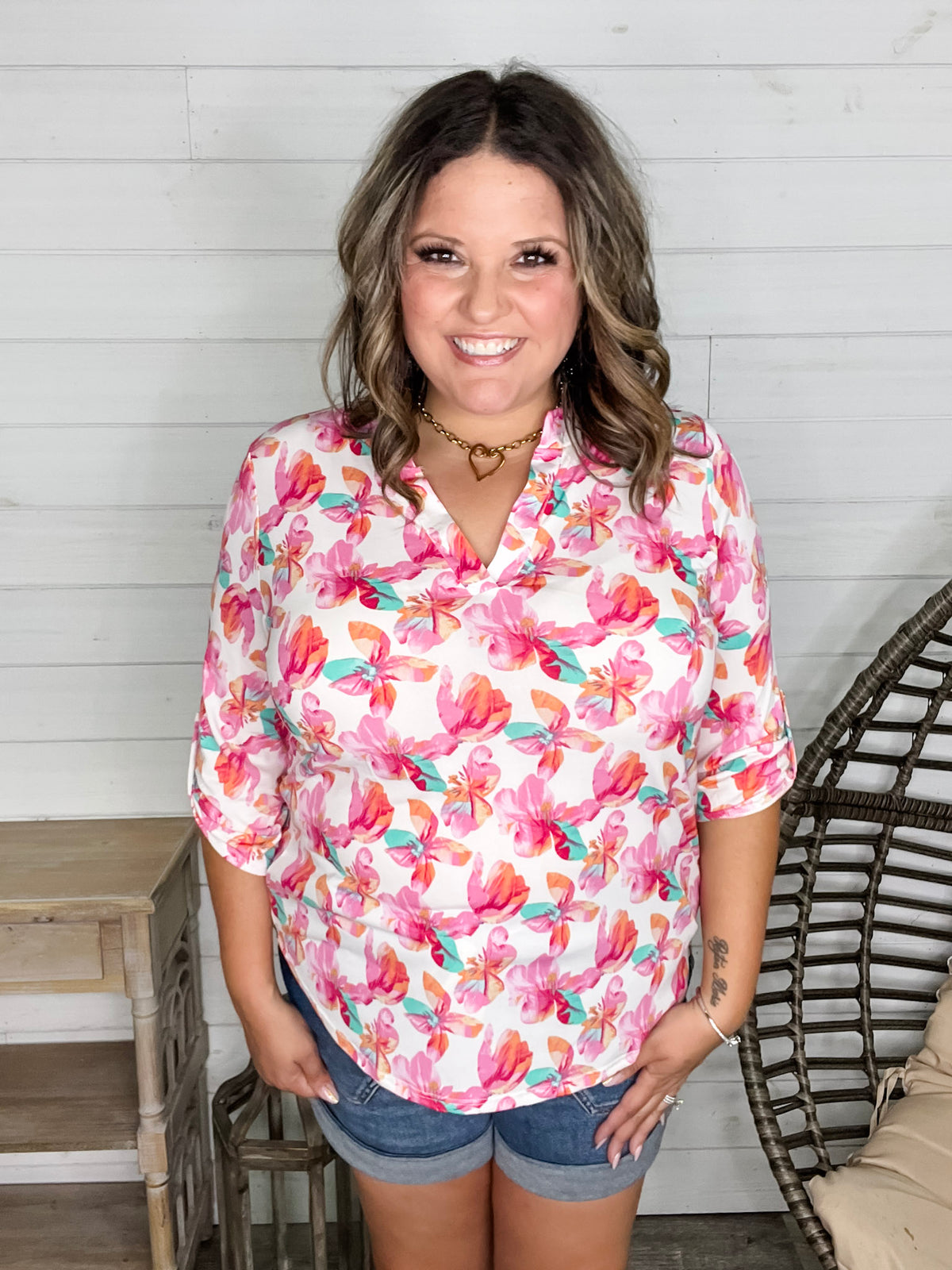 "Blink Of An Eye" Floral  3/4 Sleeve Split Neck (Pink)