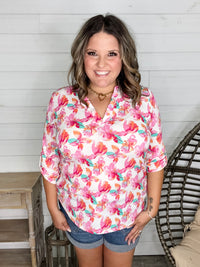 "Blink Of An Eye" Floral  3/4 Sleeve Split Neck (Pink)