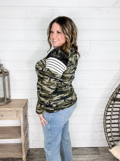 "Dare Me" Long Sleeve Camo and Sequin Accent
