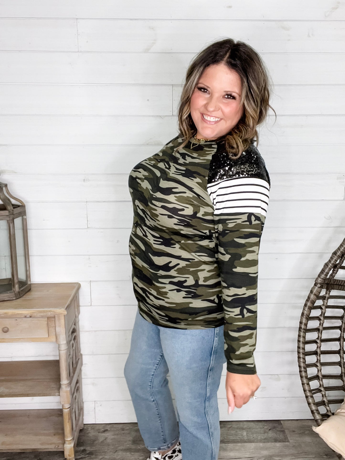 "Dare Me" Long Sleeve Camo and Sequin Accent