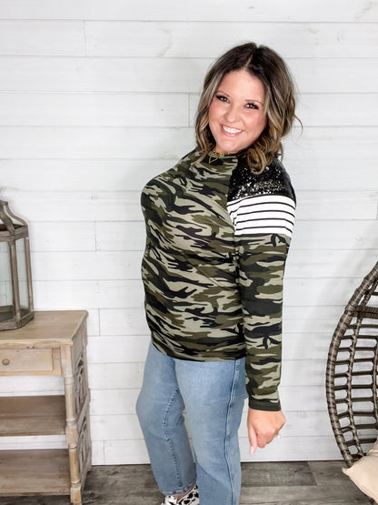 "Dare Me" Long Sleeve Camo and Sequin Accent