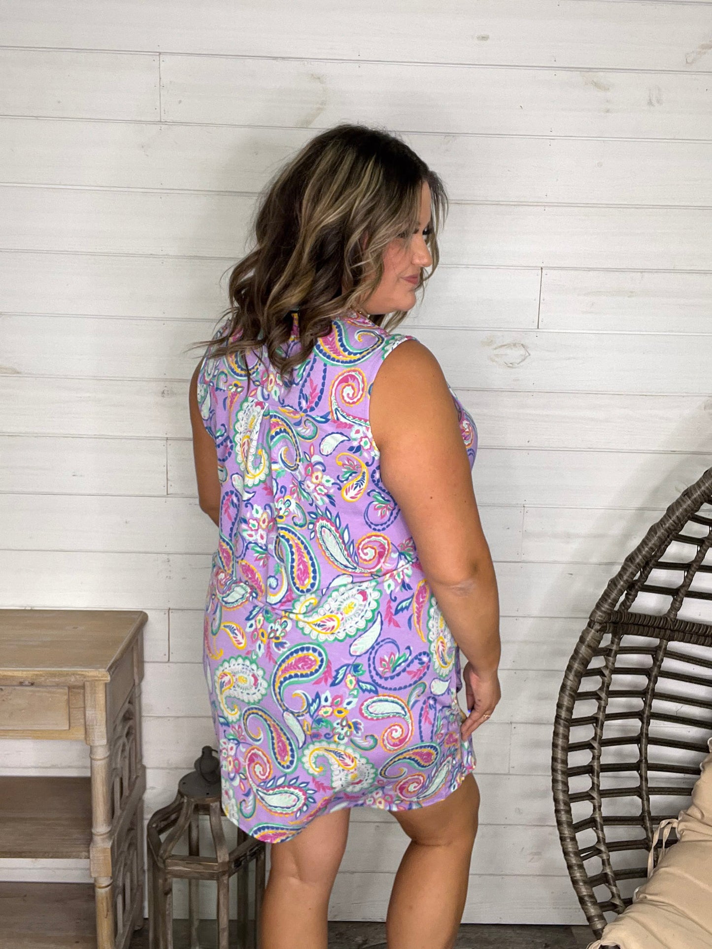 "Trumpeter" Sleeveless Split Neck Dress with Pockets