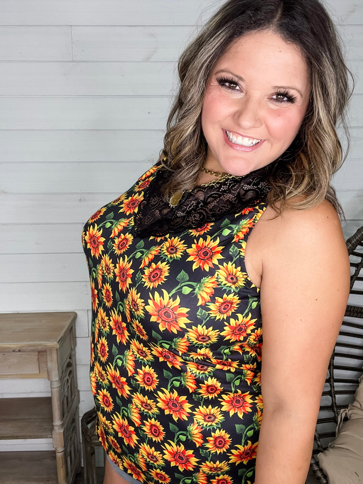 "I Am Happy" Sunflower Tank with Lace Detail