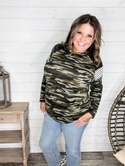 "Dare Me" Long Sleeve Camo and Sequin Accent